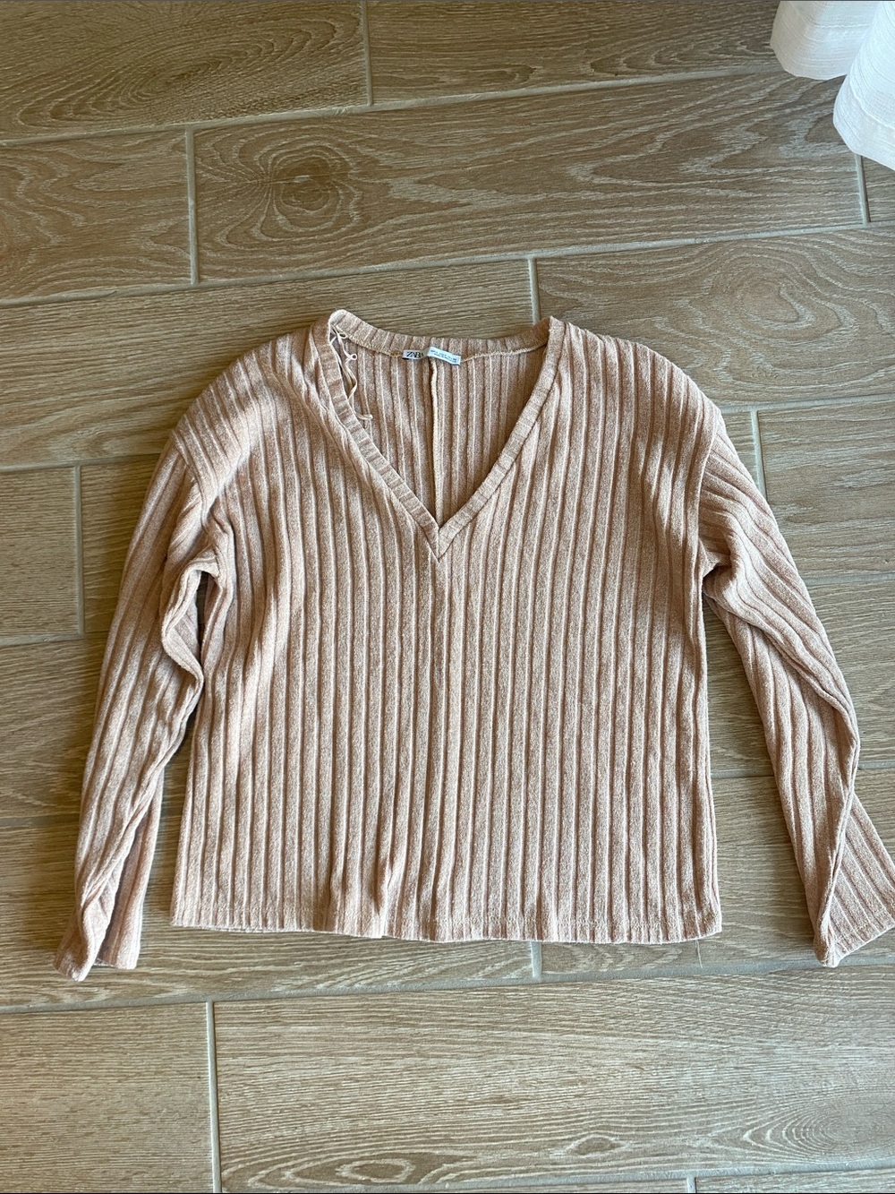 Zara Ribbed V-Neck Sweater in Blush Pink